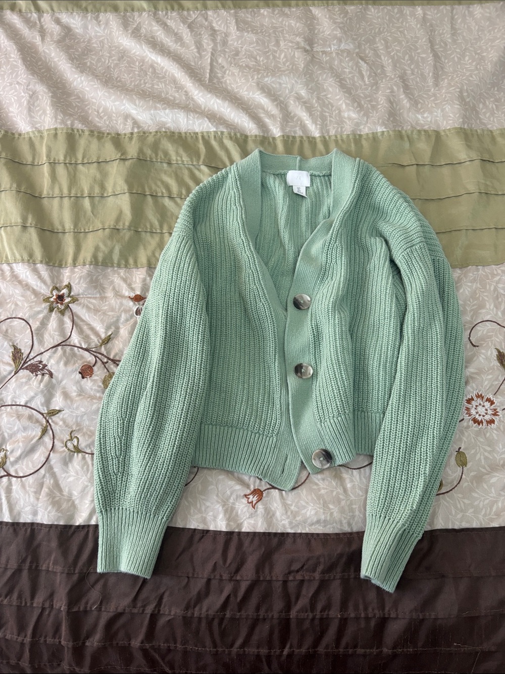 H&M Mint Green Ribbed Button-Front Women's Cardigan